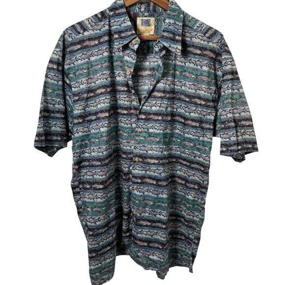 Vintage Kahala Hawaiian Shirt Handcrafted Stripes & Fish Pattern‎ Size Large - Picture 1 of 7